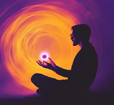 Meditating man holding glowing light at sunset